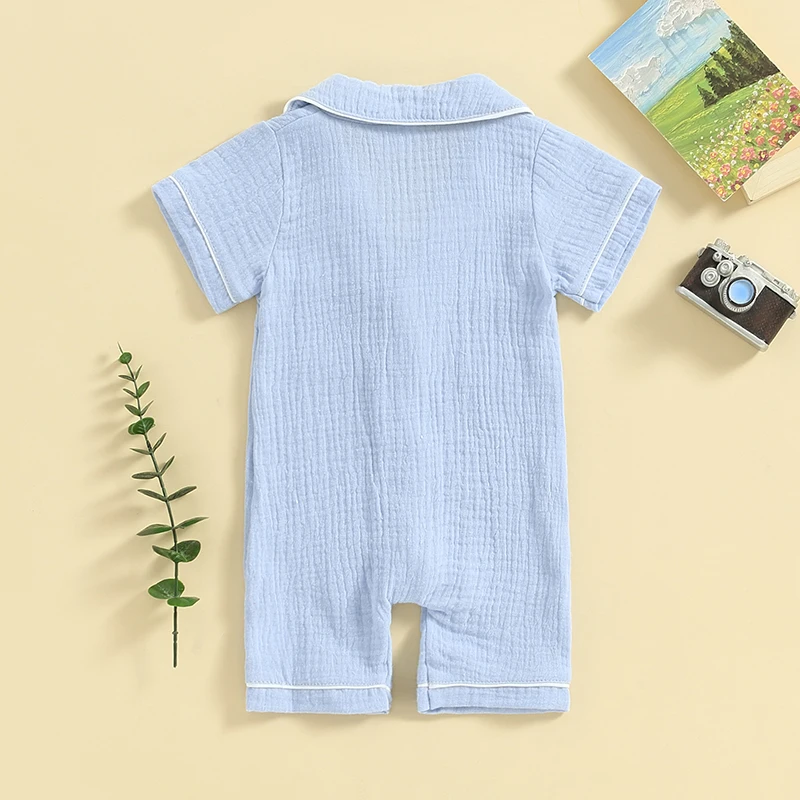 Jumpsuit bayi laki-laki perempuan, baju tidur Romper bayi baru lahir kerah Lapel lengan pendek dengan saku