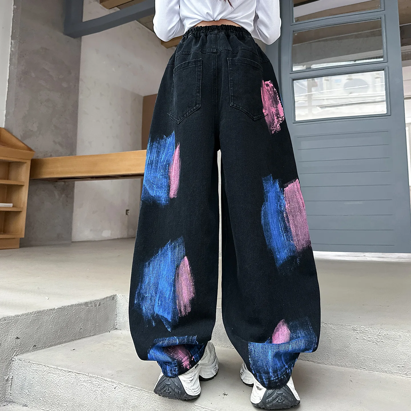 New Hand-Painted Girls Fashion Jeans Spring Autumn Loose Curved Knife Pants American Trendy Brand Children's Denim Trousers