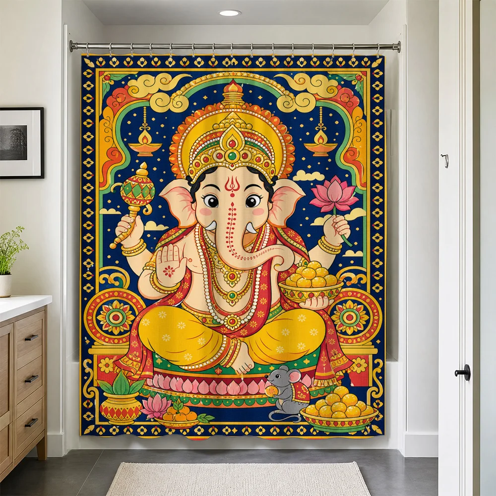 Vibrant Ganesha Lord Hindu Deity Shower Curtain Waterproof Bath Shower Liner Decoration Indian Spiritual Bollywood Ethnic Style