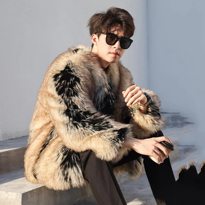 PFHQ Men Imitation Fur Coat 2024 Long Sleeve Autumn Winter Tie Dye Contrast Color Male Tops Warm Korea Fashion 21Z5558