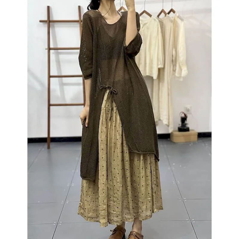 T-shirts for Women Solid Knitted Gothic O-neck Sunscreen Tops Casual Korean Style Smock Three-quarter Sleeve Summer Clothing