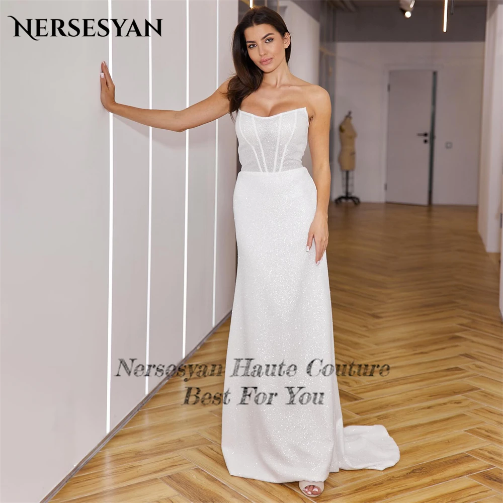 Nersesyan Luxury Glitter Mermaid Wedding Dresses Off Shoulder Sleeveless Bridal Gowns Sparkly Backless Sequins Bride Dress 2204