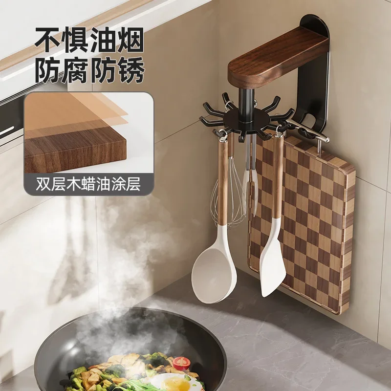 Kitchen walnut rotating hook, no-drill wall-mounted corner storage rack, spoon, spatula, hanging rack