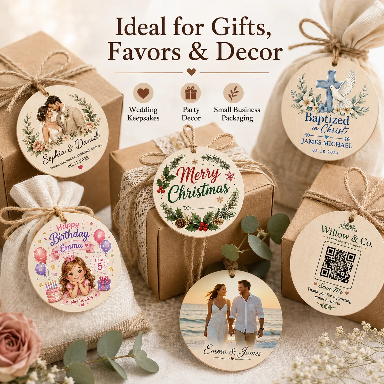 Customized Personalized Wooden Decorative Tags - Communion and Baptism Tags - Christmas Tags - Gift Packaging Tags with Customizable Text - Suitable for Brand Tags, Small Business Products, Personalized Product Packagi