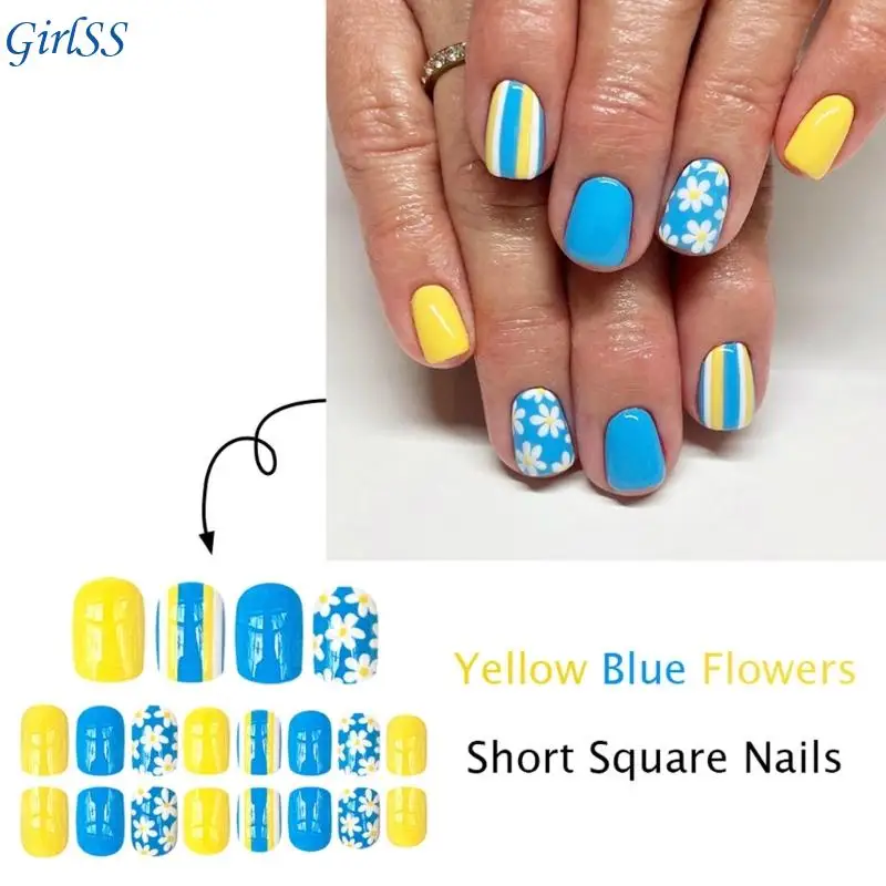 24 قطعة أظافر صناعية بلون سادة قصيرة مربعة الضغط على أظافر الزهور أظافر صناعية T4MB