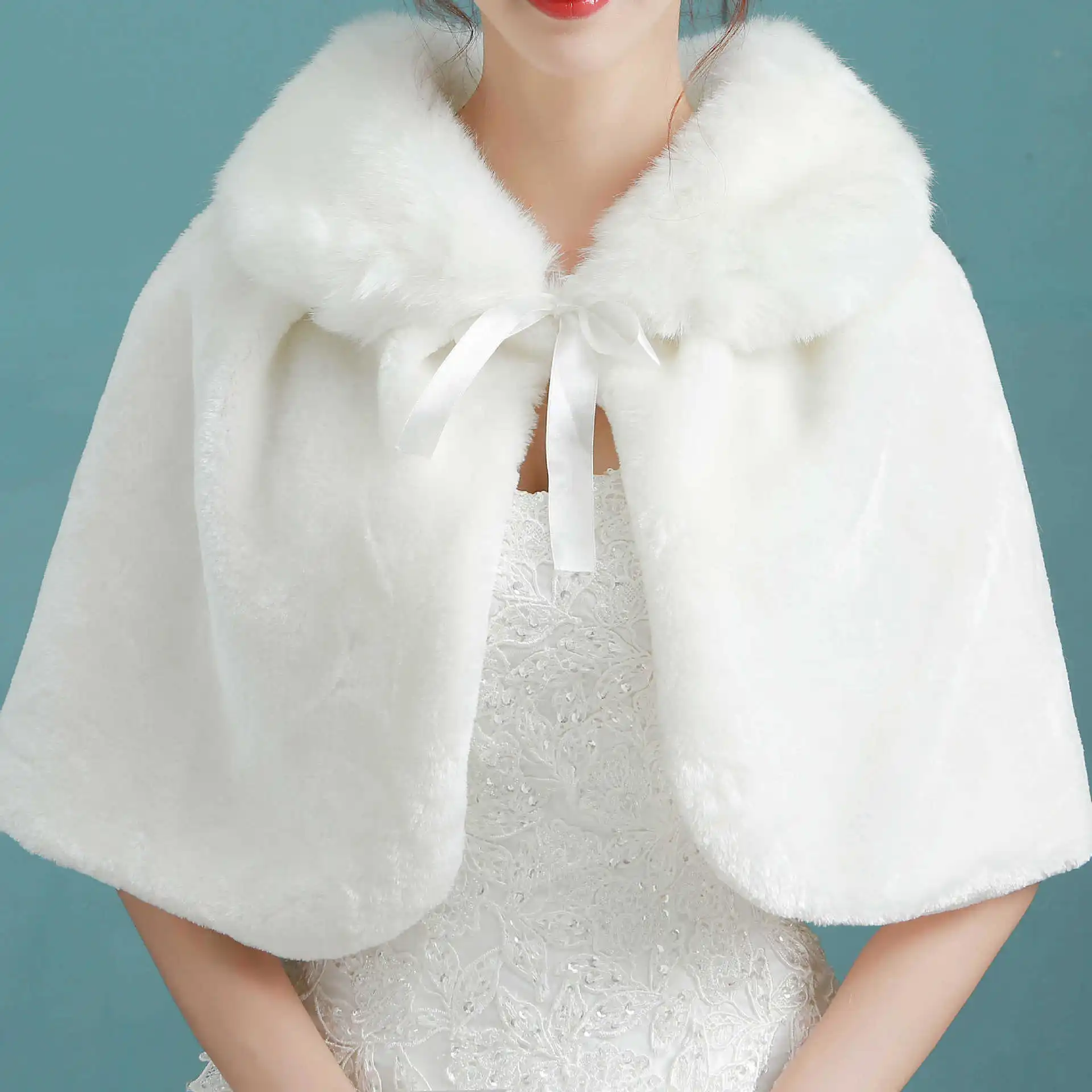 

Womens Winter Thicken Plush Wrap Stole Elbow Length Wedding Bridal Shawl Cape Warm Jacket Shrug with Lace Up Ribbon Bowknot