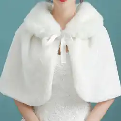 Womens Winter Thicken Plush Wrap Stole Elbow Length Wedding Bridal Shawl Cape Warm Jacket Shrug with Lace Up Ribbon Bowknot