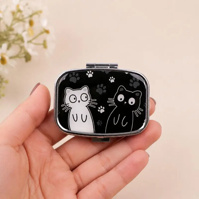 Small Purse Pill Storage Box Cute Black White Cat Pattern Portable Travel Pill Organizer for Short Trip Medicine Carry