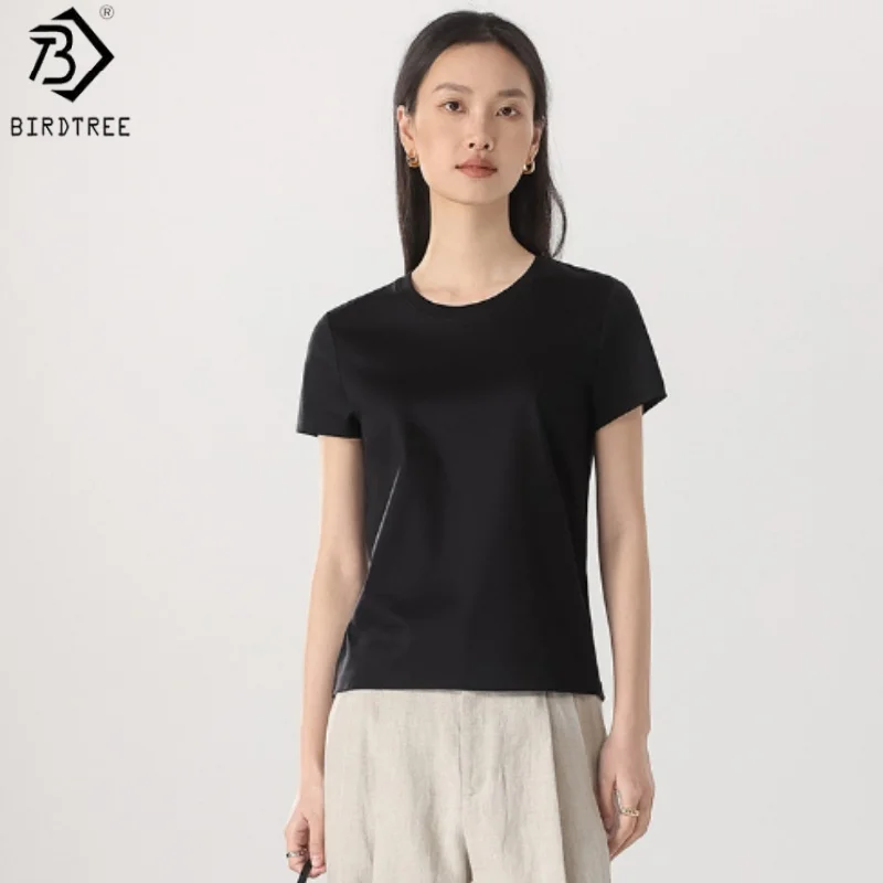 

Birdtree 7% Silk 62% Cotton Solid Female Tshirt,Woman O-neck Short Sleeve Fit Shirt,2025 Spring Summer New T57615JF