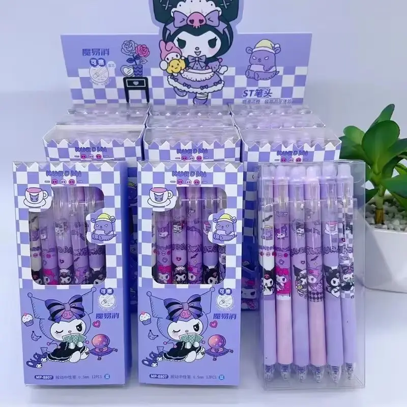

Kuromi 12pcs Erasable Gel Pen Cartoon Set Sanrio Cute Press Modeling 0.5mm Blue Study Office Stationery School Gift Set Pen