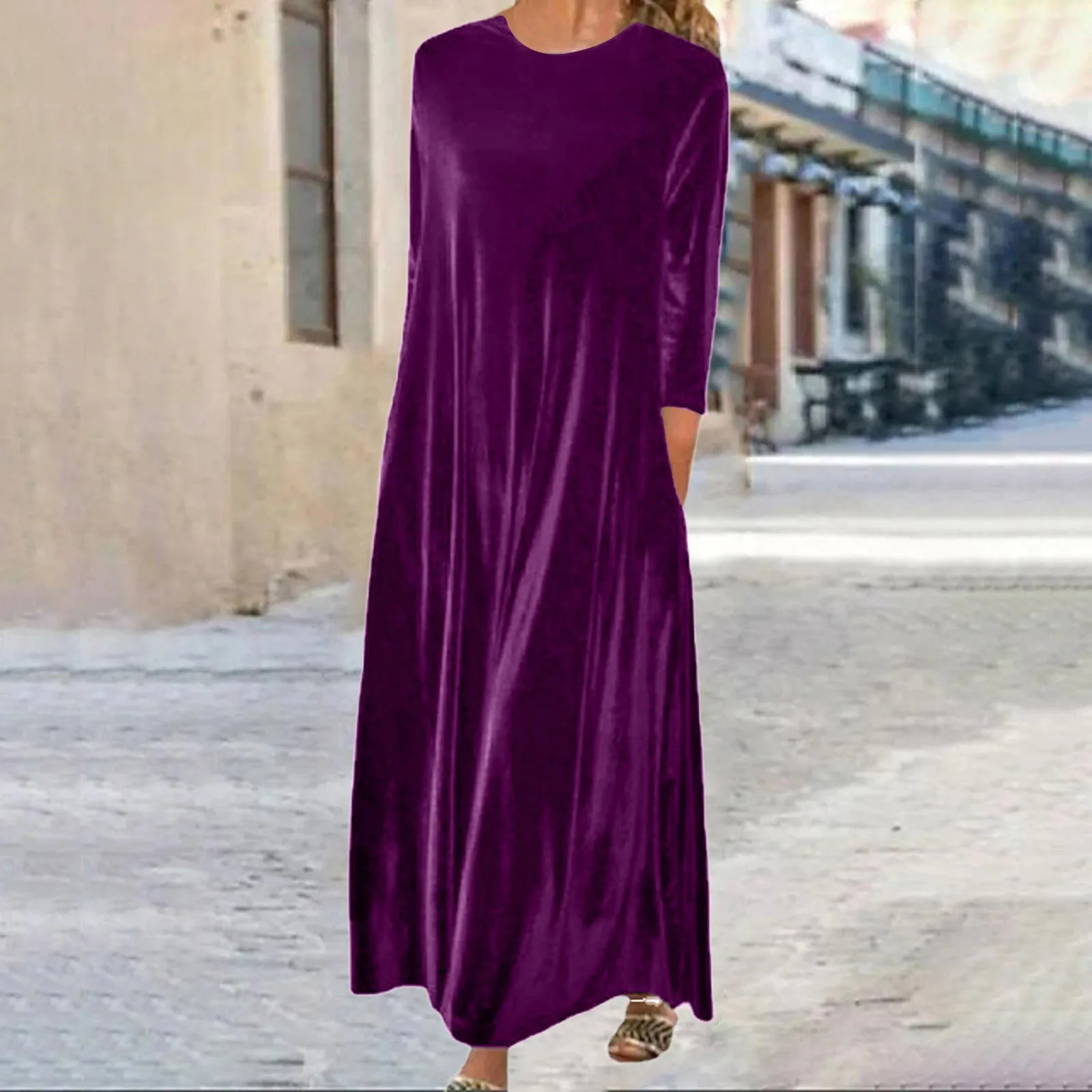 Women\'S Velvet Dress Shift Long Maxi Dress Green Black Purple Long Sleeve Pure Color Pocket Winter Fall Spring Crew Neck Mature