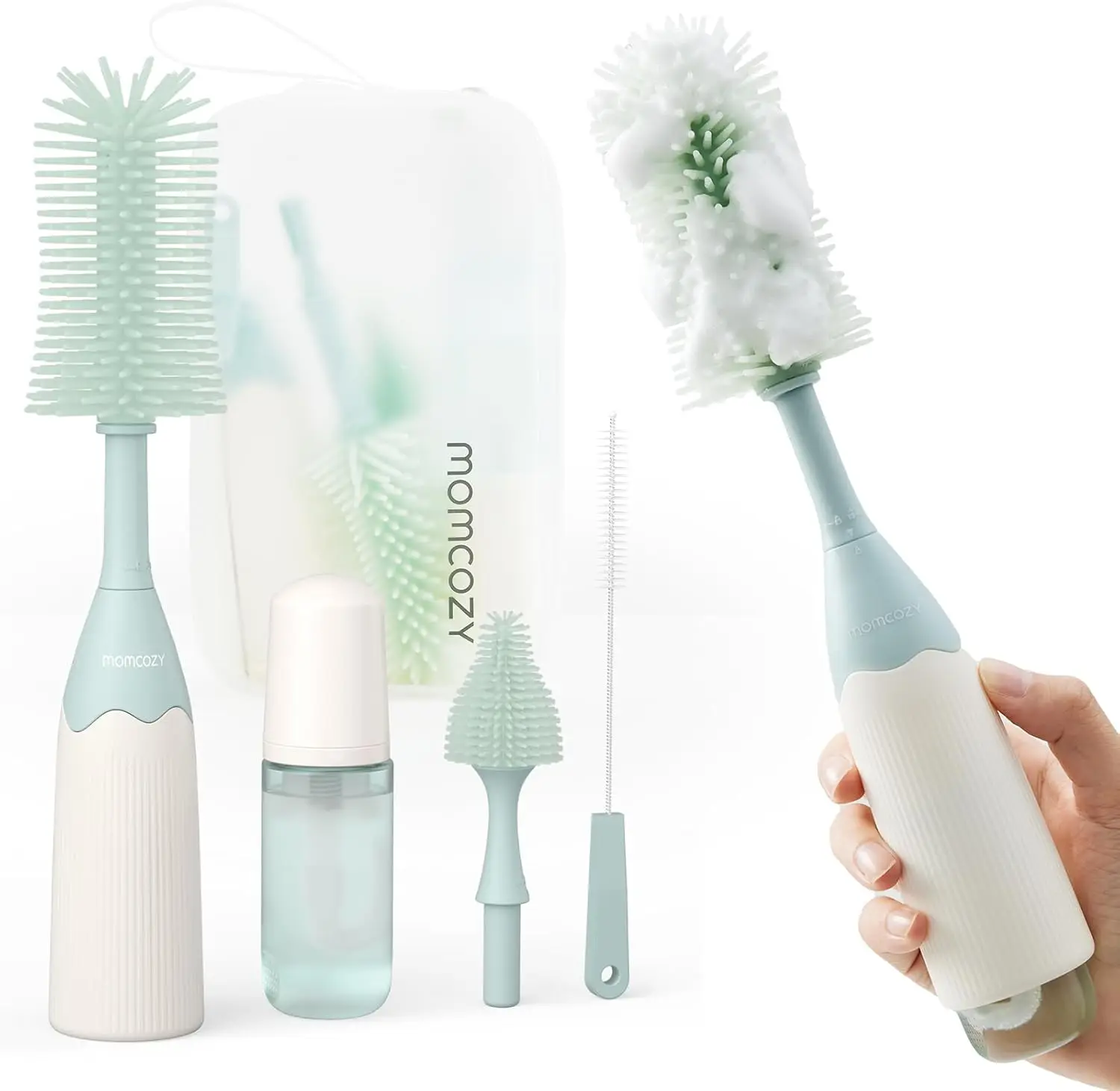 

Push-Press Bottle Brush Kit: Foam Cleaning for Baby Bottles, Breast Pumps & Nipples - Green