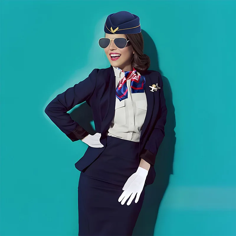 Stewardess Kostuum Accessoires Pak Begeleider Hoed Spelden Handschoenen Zonnebril Sjaal Halloween Kapitein Cosplay Vakantie Feest Rollenspel