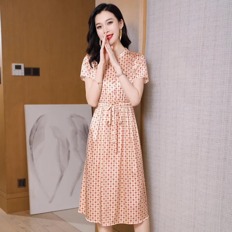 2367 High-End Genuine Goods Hangzhou Silk Dress 2024 Summer New Big Name Printing Slimming Silk Midi Dress