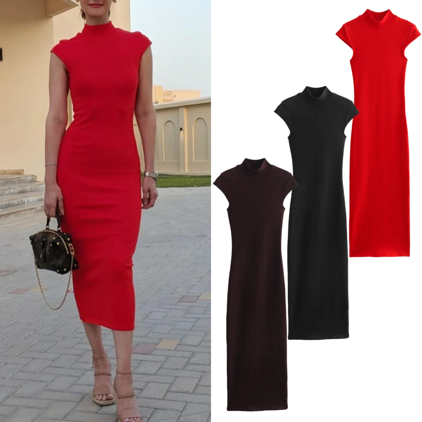  Slim Long Dress Women's Red Black Dress Women's Short Sleeve Midi Dress Elegant Casual Women's Dress 2024 Summer