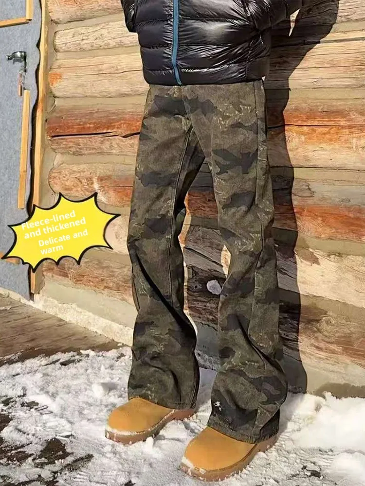 

Американские ретро-джинсы с камуфляжным принтом, на флисовой подкладке, прямого кроя, зауженные, мужские, зимние, модные, брендовые, утепленные, с низкой посадкой