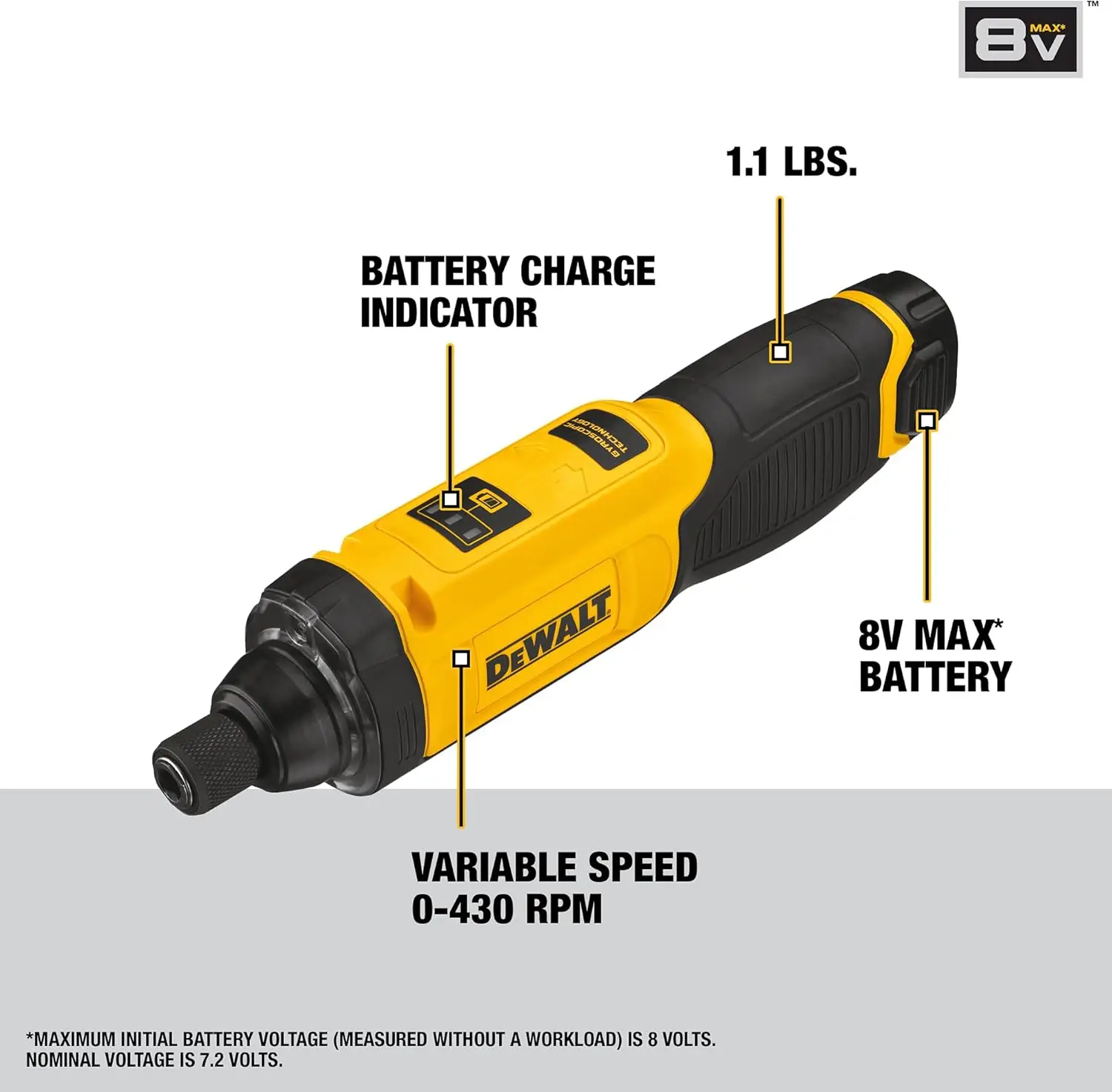 DEWALT obeng nirkabel 8V MAX, giroskop, dapat diisi ulang, baterai dan pengisi daya termasuk (Walt)