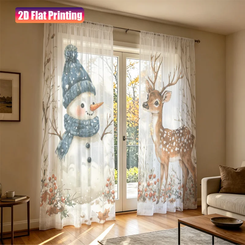 2PCS Christmas Winter Sheer Curtains, Snowman Deer, Digital Print, Bedroom Living Room, Rod Pocket Polyester, Home Decor