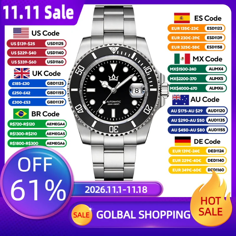 AddiesKin K012 Men's Automatic Diver Watch ST2130 Sardonyx Dial Ceramic Bezel Sapphire Crystal 200M Waterproof BGW9 Luminous