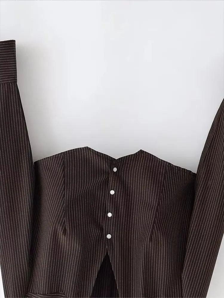 HH Frühling Frau Elegante einreiher Streifen Lose Kurze Hemd Frauen Pendeln Vielseitig Lange Ärmel Streetwear V-ausschnitt Tops