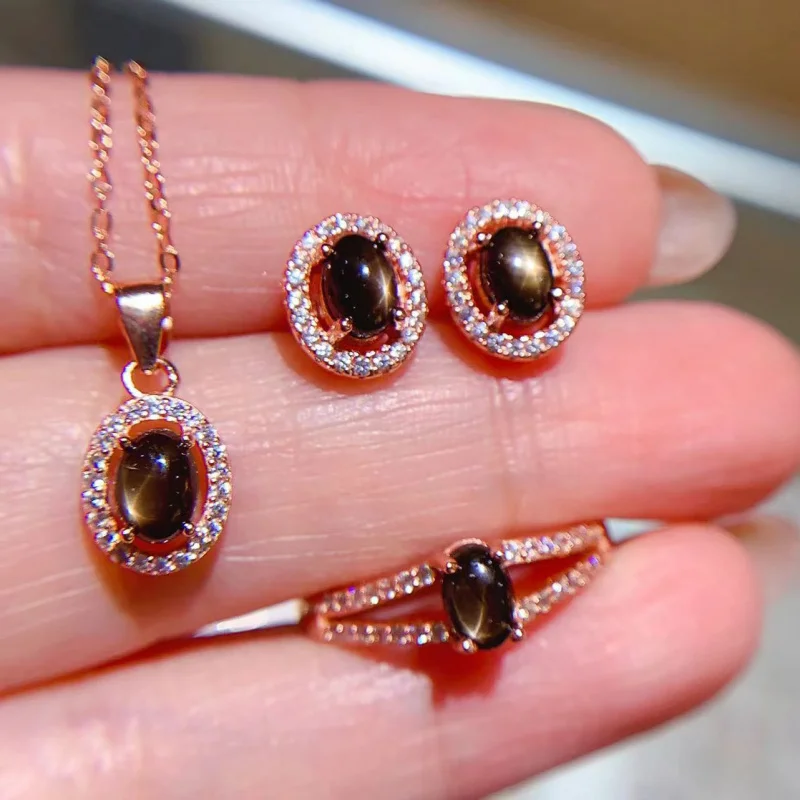 

Set 925 Silver Inlaid Natural Sapphire Surrounding Small Size 4X6Mm Ring Pendant