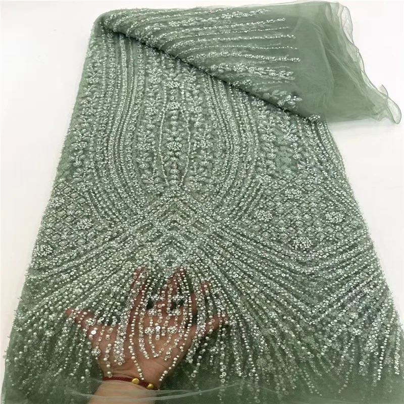 High Grade Shiny Sequins Tulle Lace Fabric with Tube Beads Sequins Embroidery French Net Lace for Party Wedding