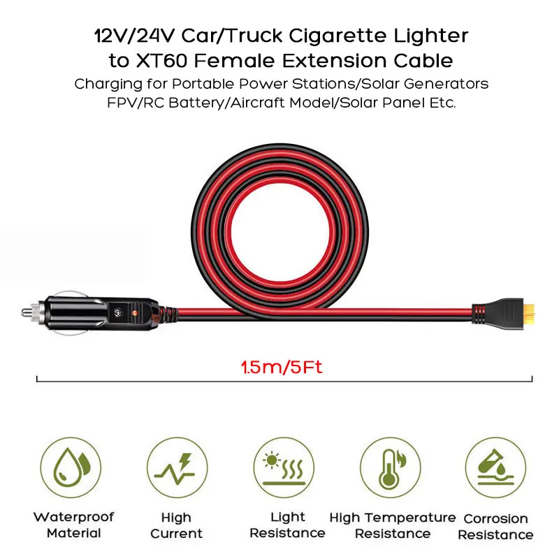 1.5 Meters Car Cigarette Lighter to XT60 Female Adapter Cable Charging for Anker C300 C1000 C100 Gen 2 Portable Power Station.