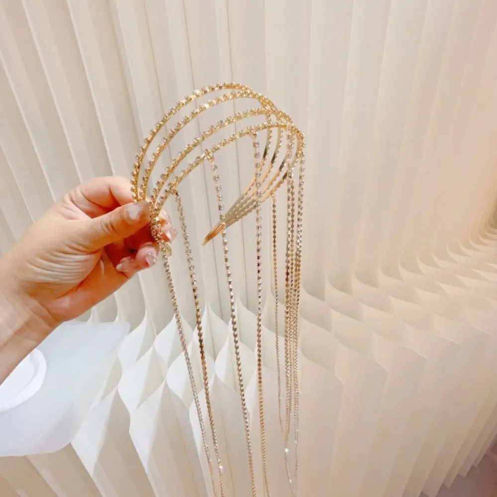 Exaggerated Design Rhinestones Tassel Headband Reflection Silver/Gold Long Tassel Hair Hoop Multi Layered Headpiece