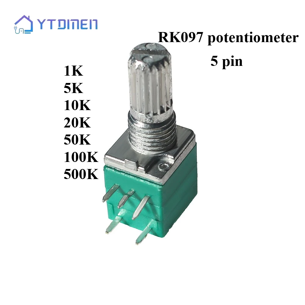 5PCS RK097 RK097G Potentiometer 5Pin 1K 5K 10K 20K 50K 100K 500K Audio Shaft 15mm Amplifier Volume Potentiometer Kit