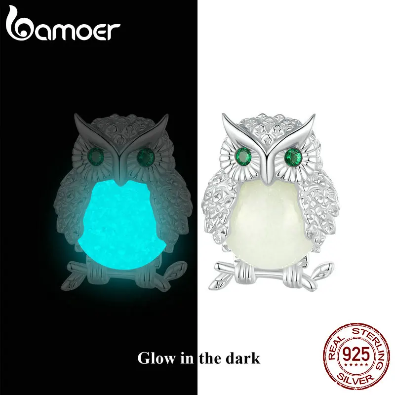 BAMOER 925 Sterling Silver Owl Stud Earrings Luminous Stone Hypoallergenic Earrings Glowing in the Dark Jewelry for Women