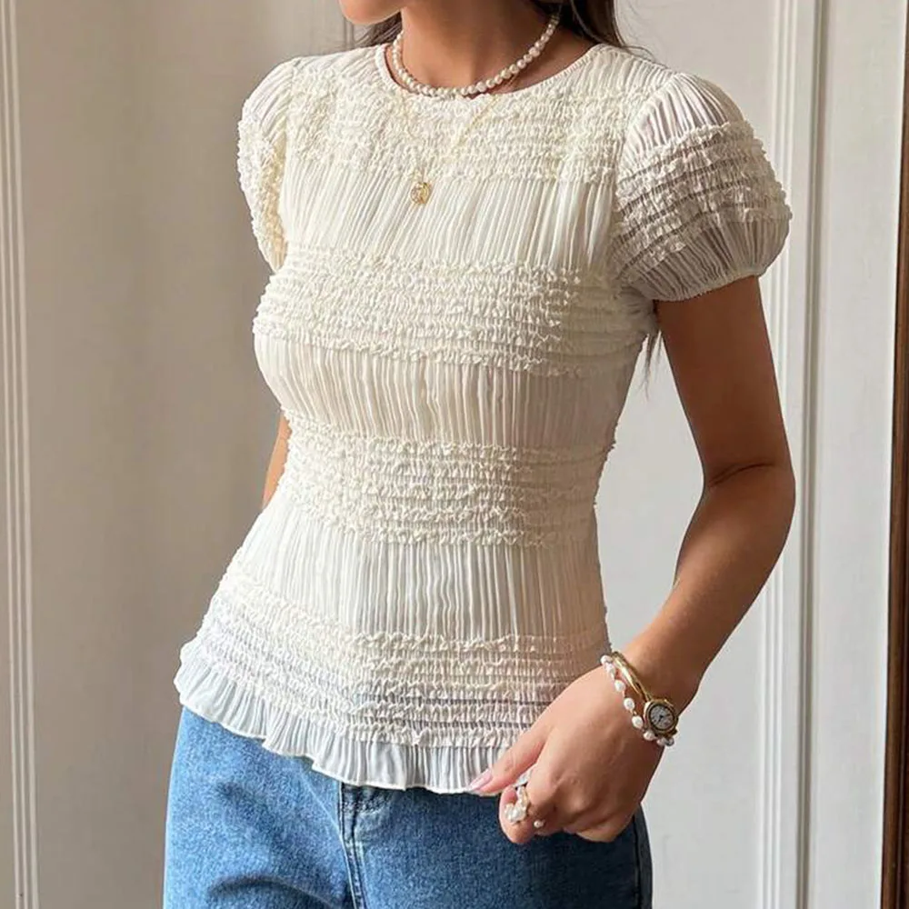 Ladies Crew Neck Textured Lotus Leaf Splicing Fashion Multifunctional Holiday Short Sleeve Lined Bubble Sleeve Lotus Leaf Edge