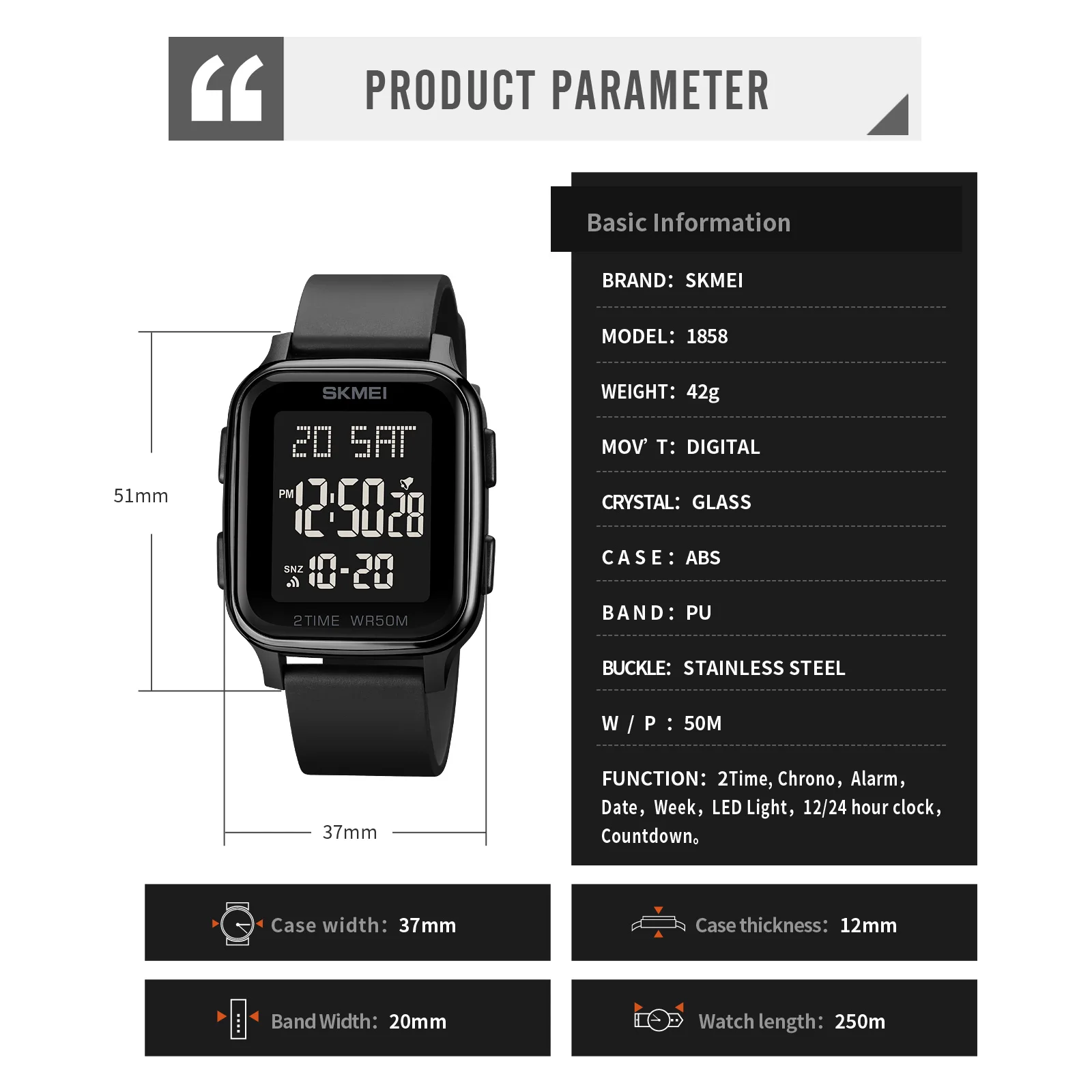 SKMEI jam tangan pria Elektronik, jam tangan pria Digital 2 waktu, jam tangan olahraga, jam hitung mundur, anti air 50M, jam tangan lampu Led