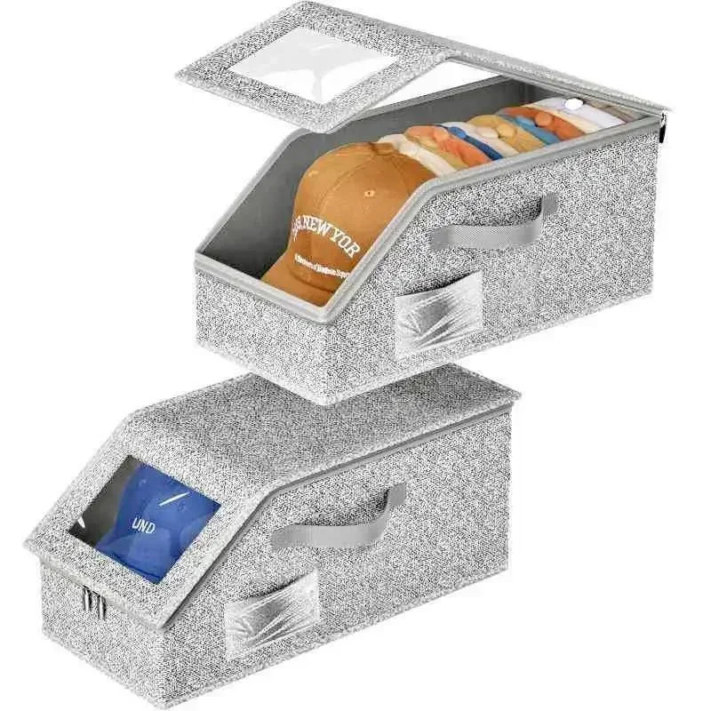 Stackable Baseball Cap Storage Box Large Capacity Foldable Hat Organizer with Lid Dustproof Cardboard Closet Container Holds 24 Hats Space Saving Cap Holder Wardrobe Display Bin Home Organization Men Gift