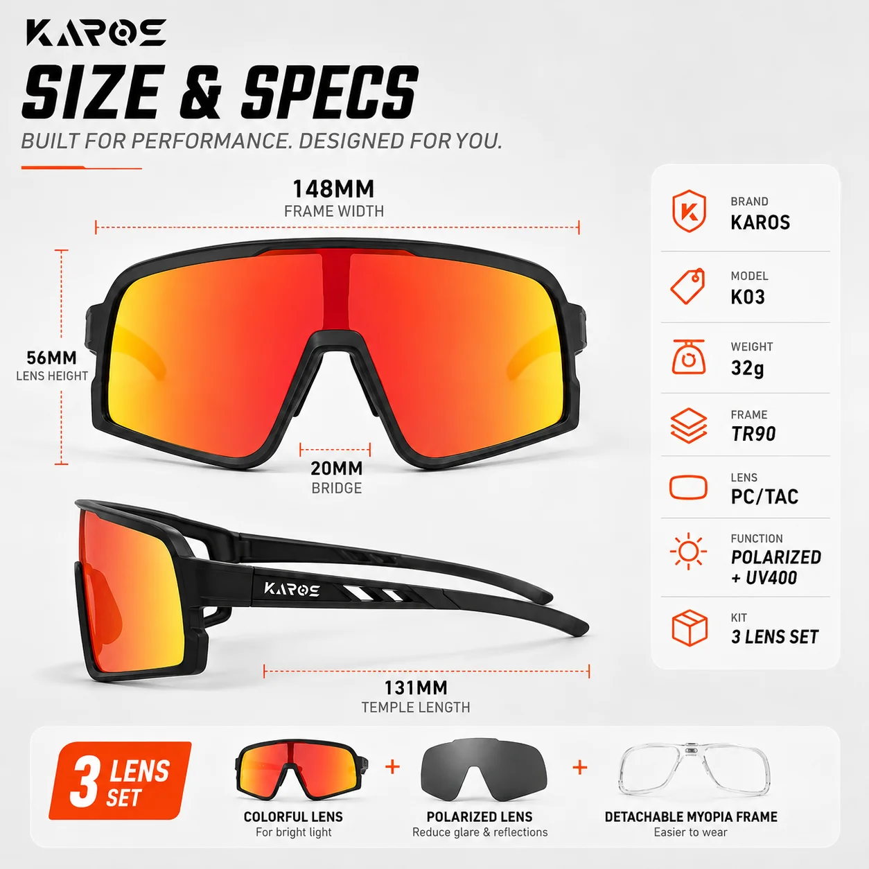 KAROS Polarized Cycling Glasses UV400 3 Lens Set TR90 Sports Sunglasses with Detachable Prescription Insert K03