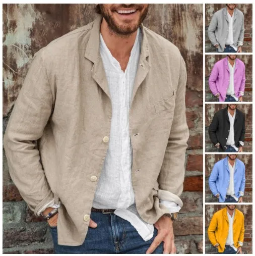 

Мужской повседневный свободный кардиган из хлопка и льна с длинными рукавами, осенняя модная молодежная куртка, стандартный крой