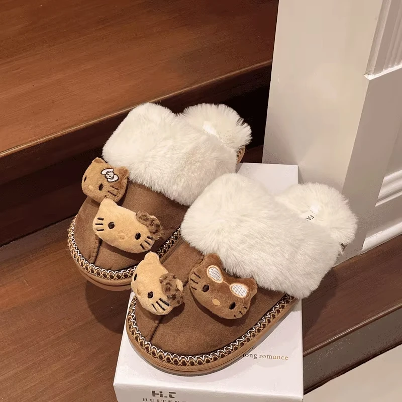 

Hello Kitty Winter Plush Slippers Women Cotton Sanrio Anime Kawaii Kt Home Cute Thick Bottom Anti-Slip Slippers Outdoor Slippers