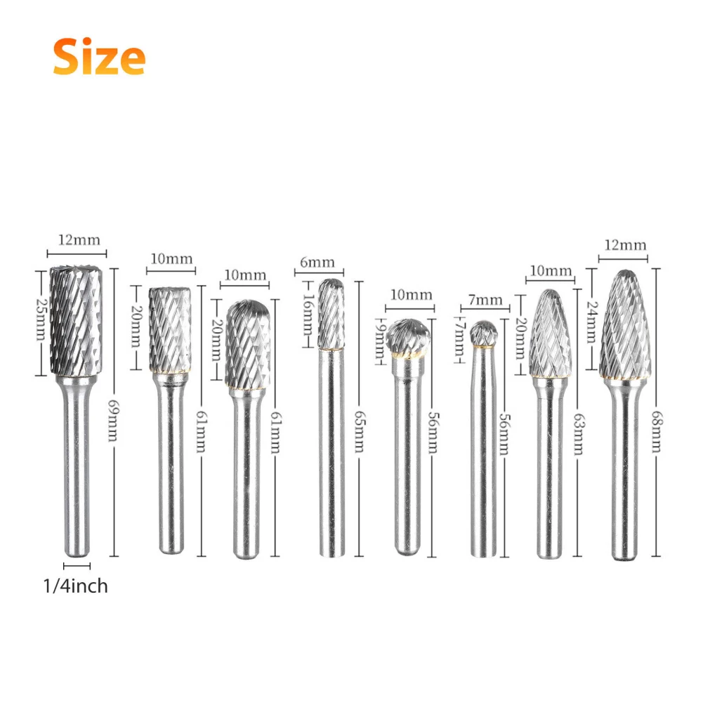 Juego de cabezales de rebabas rotativas de 8 piezas y 8mm, brocas de vástago de 1/4 pulgadas de alta precisión para maquinaria, barcos y automóviles