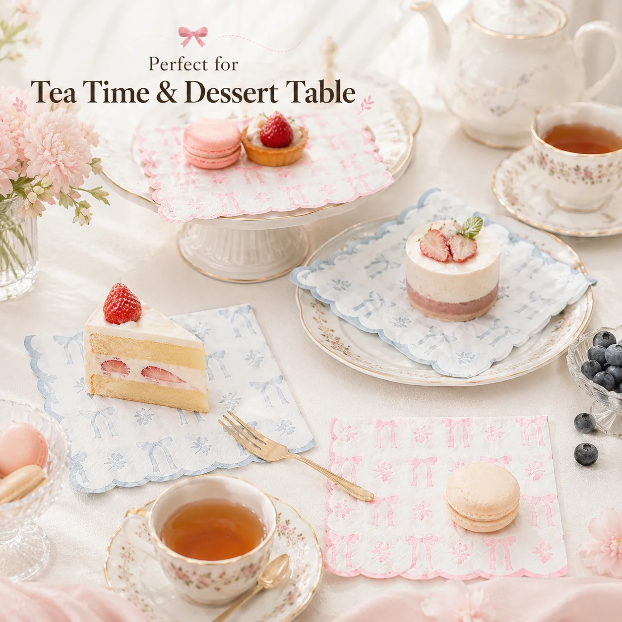 Bow Scalloped Napkins Pink Blue 20Pcs Small Paper Napkins Disposable Cocktail Napkins for Tea Party Dessert Table Decor