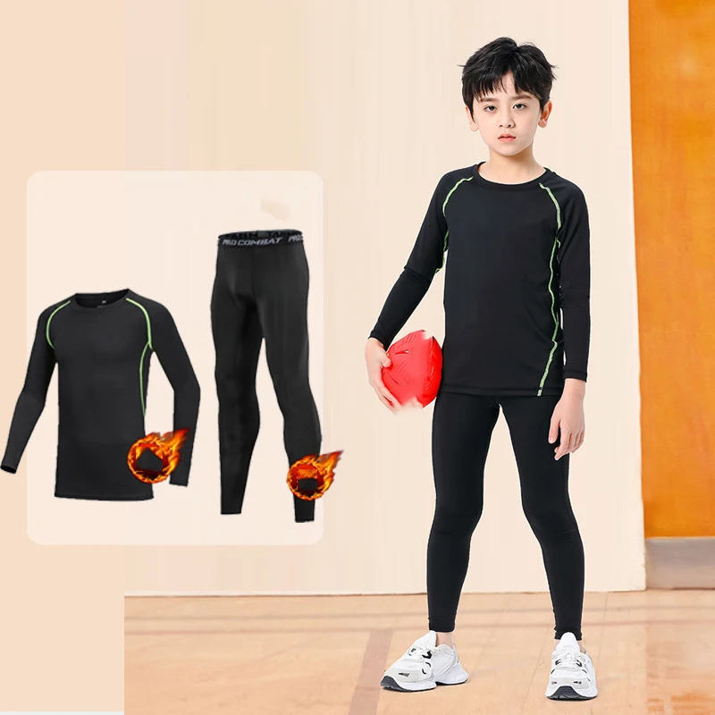 Plush Children's Sports Tight Fitting Training Set Basketball Football Two-piece Set Running Fitness Suit Quick Drying Clothes