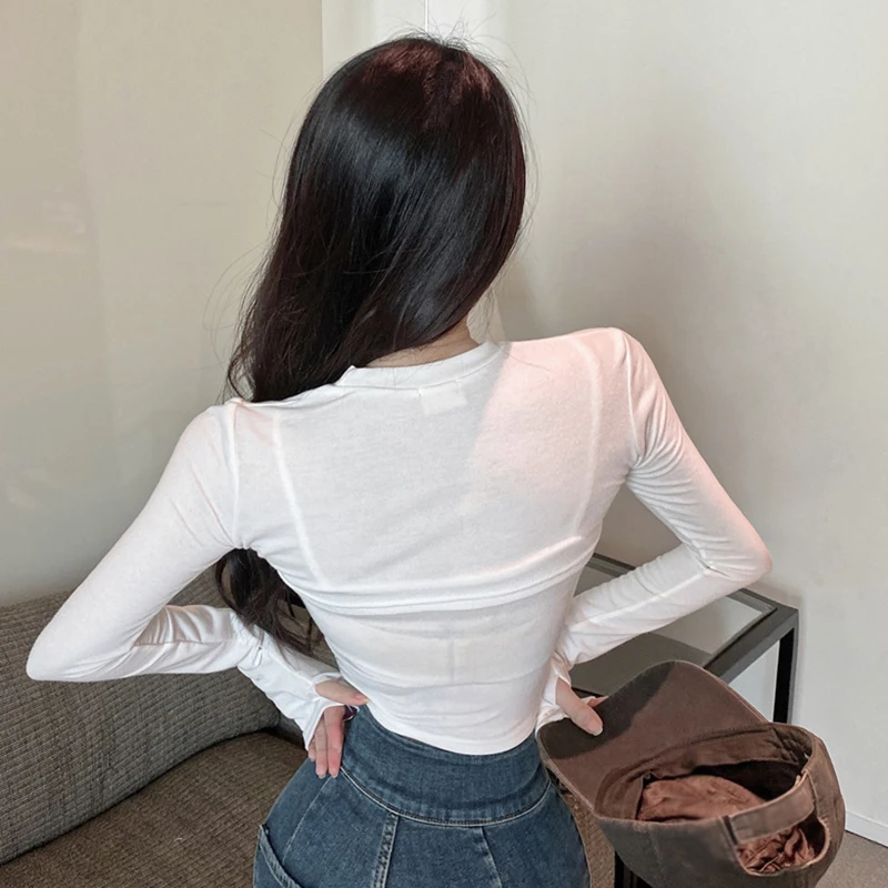 Long Sleeve T Shirt Women Hollow Out Design Solid Color Crop Top O Neck Fake Two Pieces Sweet And Spicy Hot Girl Streetwear