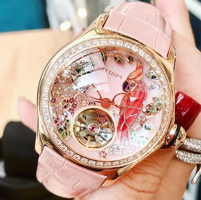 Reef Tiger Women Automatic Watch 38mm Ladies Mechanical Wristwatch Luminous Bubble Mirror Skeleton Parrot Dial