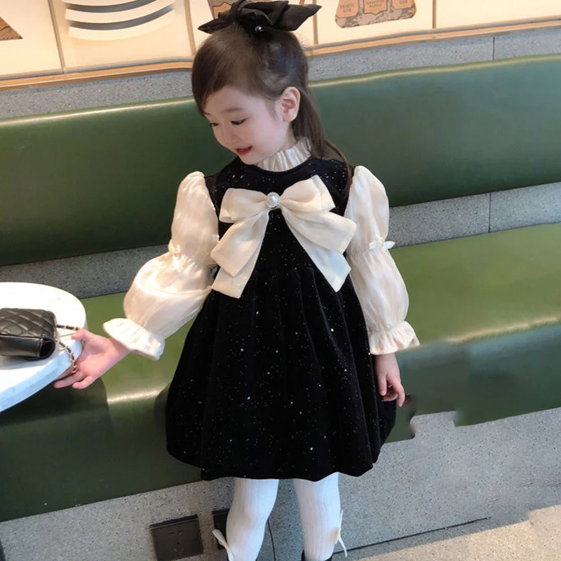 

Elegant Girls Party Dresses Black Velvet Girls Princess Dress Lantern Sleeves Satin Puff Children Casual Birthday Bow Clothes