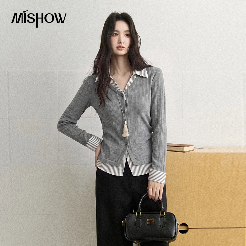 MISHOW Women's Fake Two‑Piece Knit Shirt 2026 Autumn Striped Lapel V‑Neck Long‑Sleeve Top Elegant Slim Casual Top MXF43C2558