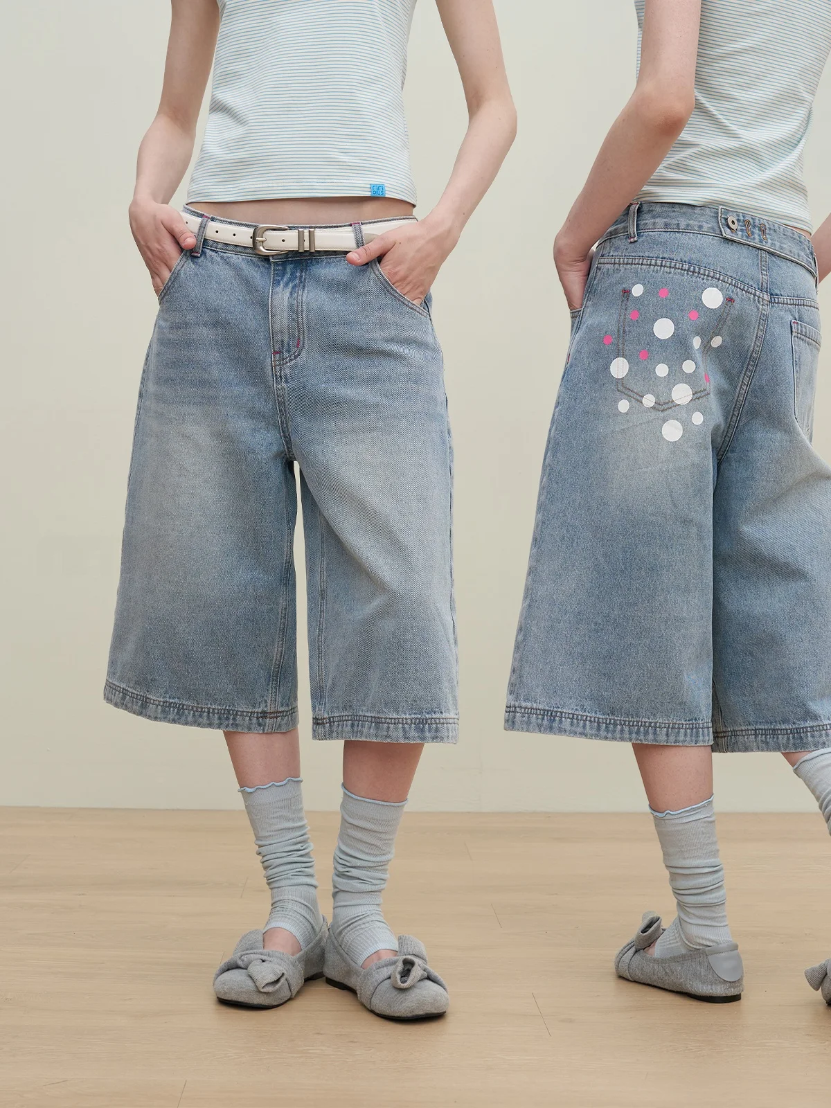 Riverstone plus Polka Dot Pocket Seven Inch Denim Jeans Women's Casual Wide Leg Long Pants Autumn New Style Slimming Effect