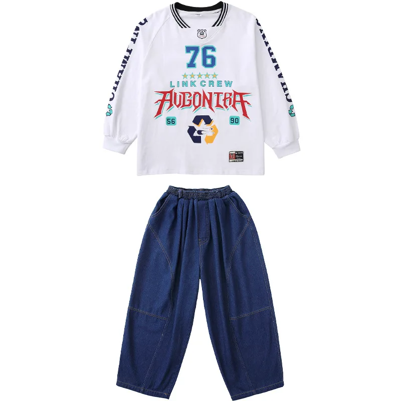 Enfant Kpop Hip Hop vêtements blanc Jersey sweat Denim bleu Jeans décontractés Baggy pantalon pour fille garçon rue danse Costumes vêtements