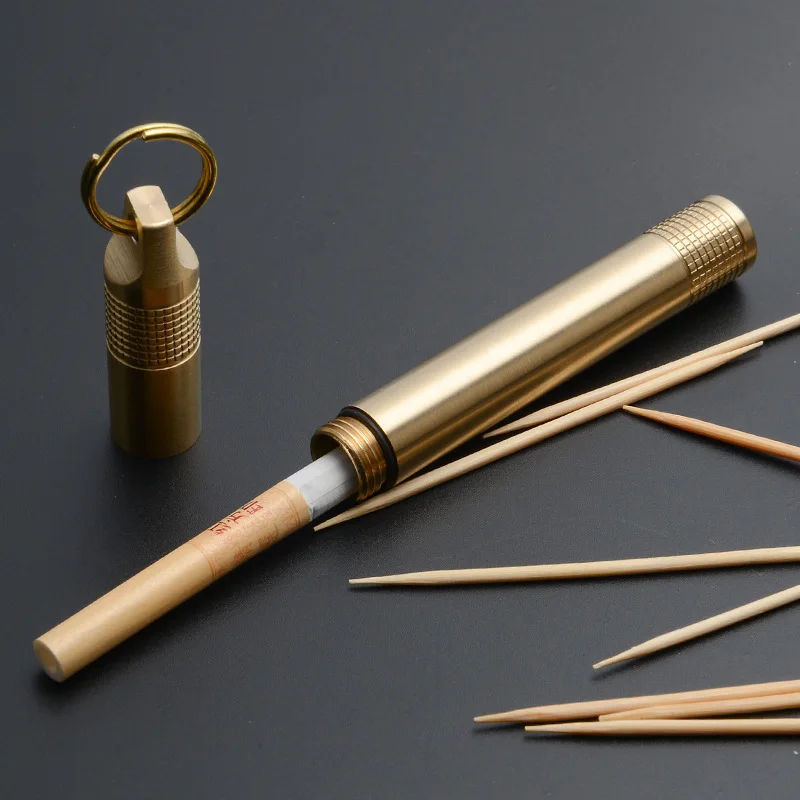 Portable Brass Cigarette Case with Keychain Mini Metal Toothpick Storage Box Gold Color Waterproof Pill Case