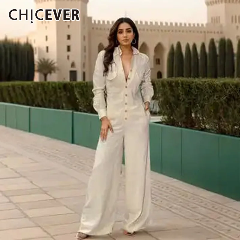 

CHICEVER Spliced Single Breasted Jumpsuits For Women Lapel Long Sleeve High Waist Patchwork Pokects Solid Casual Jumpsuit Female