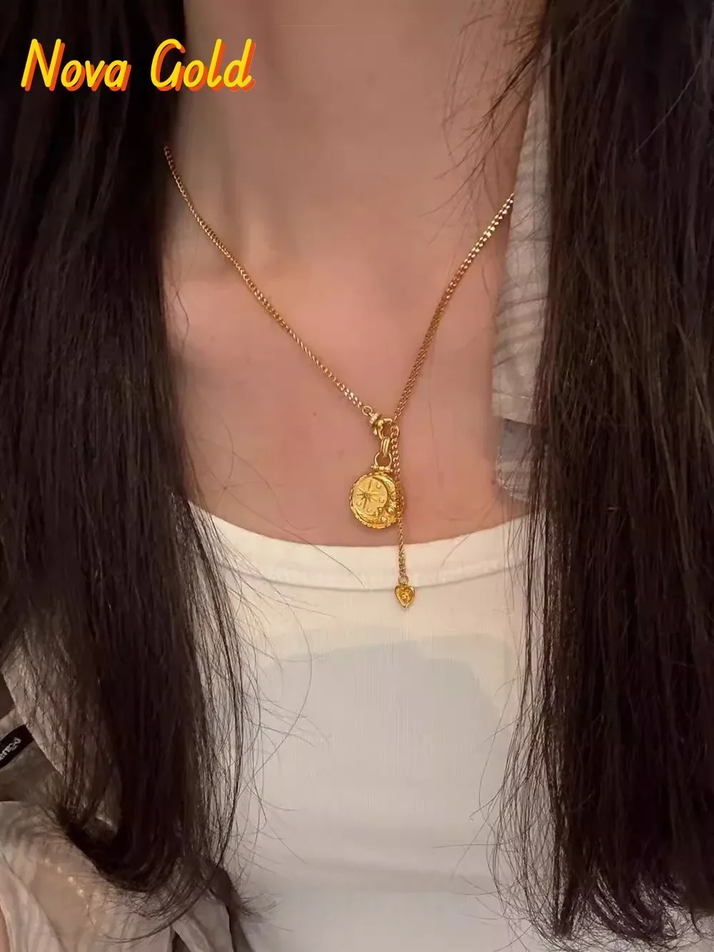 NovaGlod New Chinese style eight-pointed star and moon 9999 24K real gold necklace women's niche design light luxury  clavicle c