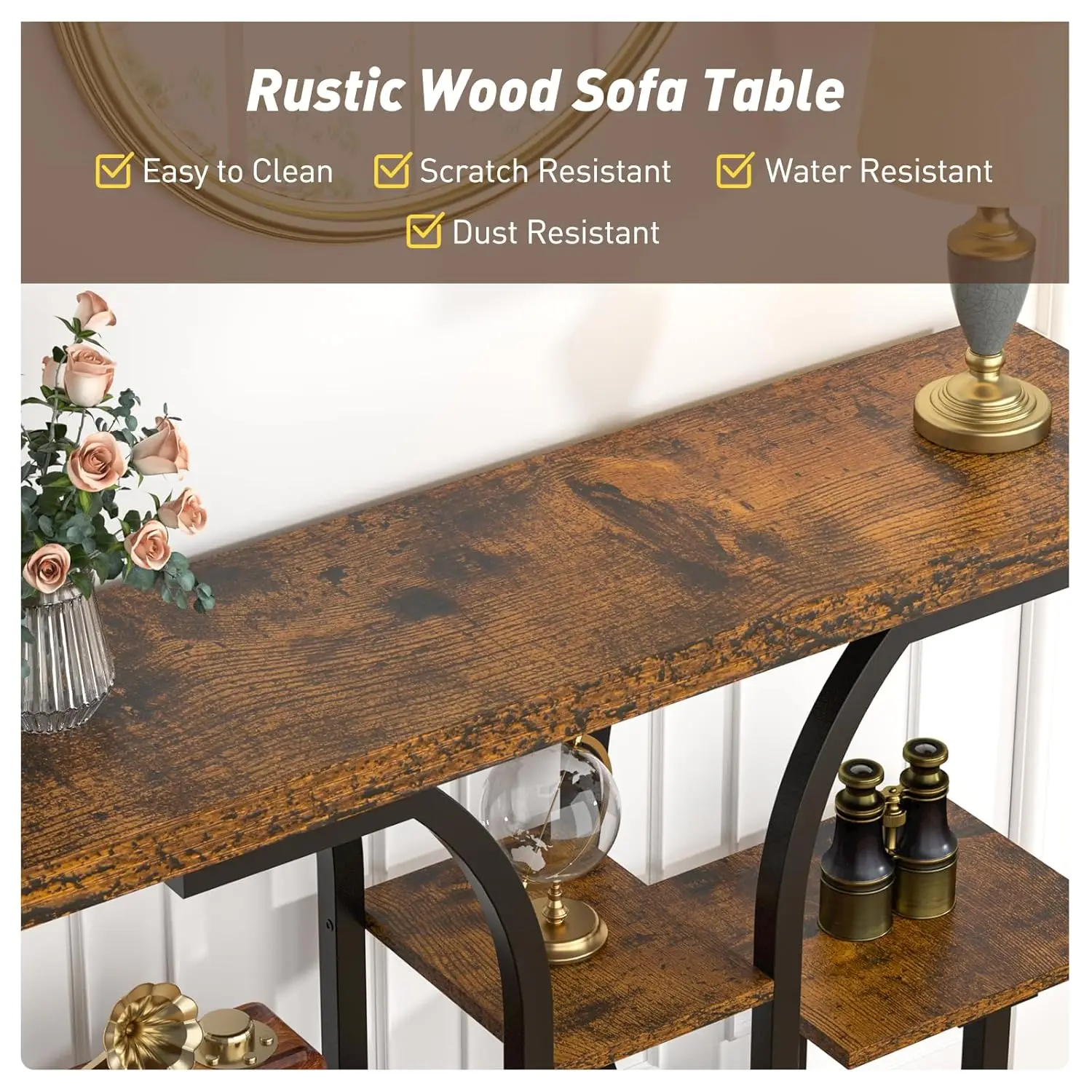 42.5" Console Table, Industrial 4-Tier Sofa Table Entryway Table with Curved Base, Narrow Wood Accent Tables with Storage Shelve