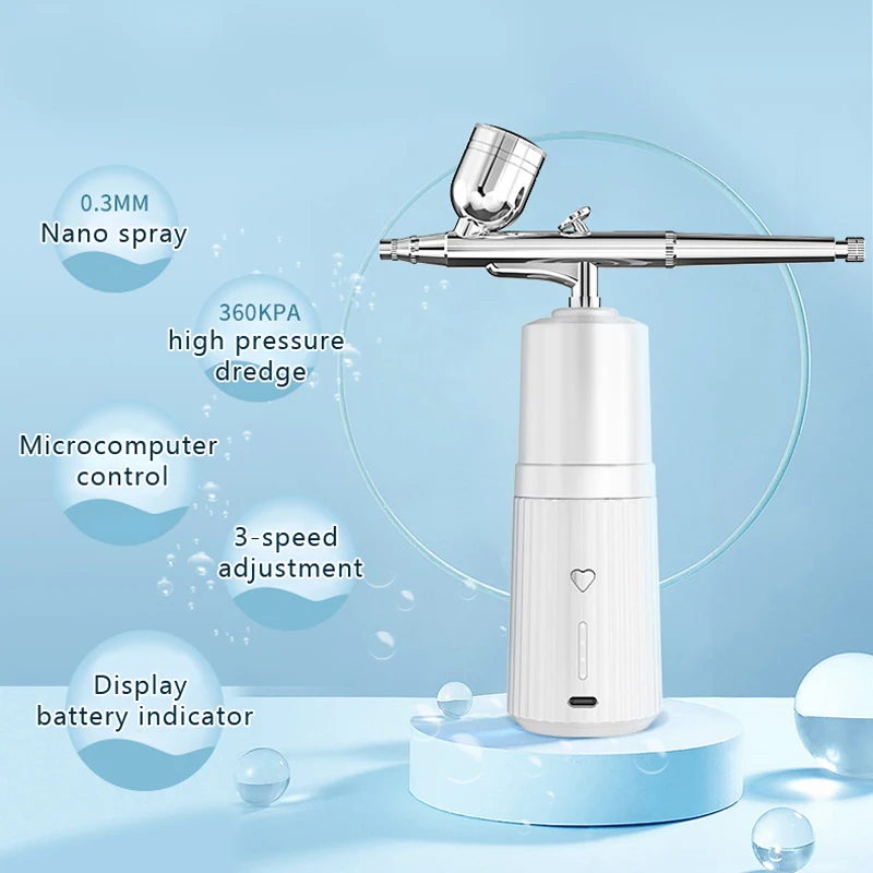 Portable USB Rechargeable Mini Electric High Pressure Oxygen Atomizer Air Compressor Spray Gun Sprayer Oxygen Injector Small Bubble Beauty Nano Skin Facial Hydration Moisturizing Skin Care Tools